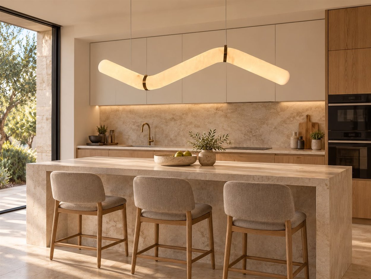 Backlit alabaster wave pendant with brass collars over a kitchen island