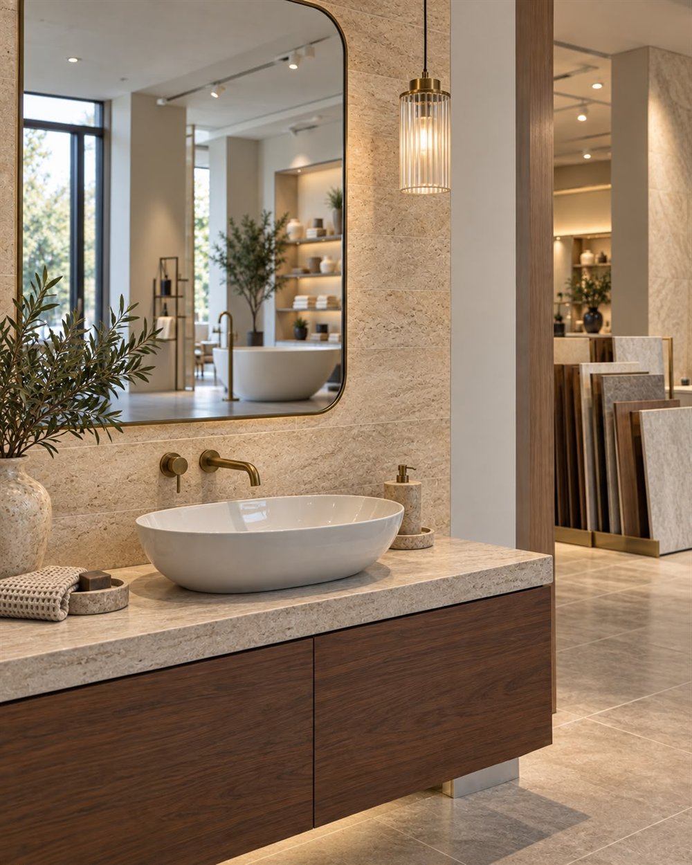 A vanity in the showroom — stone benchtop, white basin and brushed brass tapware